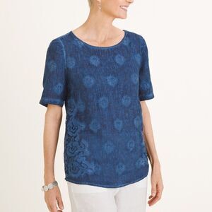 Chico’s Blue Embroidered Linen Relaxed Fit Top Blouse Size 8/10